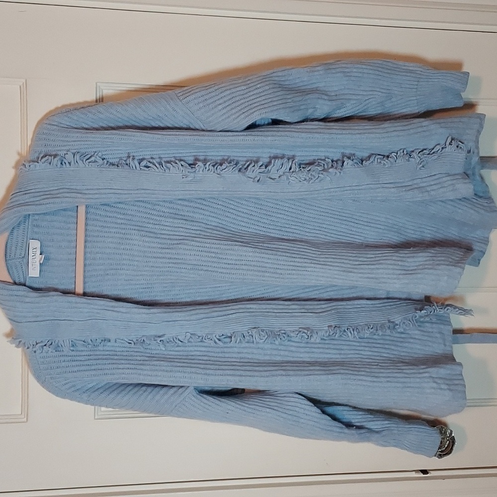 INTERMIX Adrianna Wool/Cashmere Blend Wrap Cardigan in Light Blue
